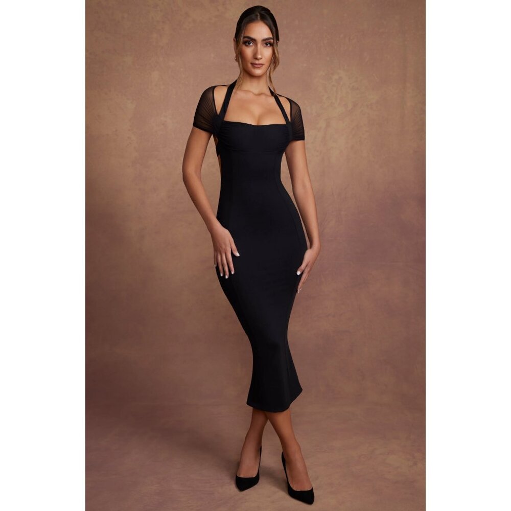 Oh Polly Milita Cap Sleeve Midaxi Dress in Black Sz US 10 Mesh Flare Hem Halter